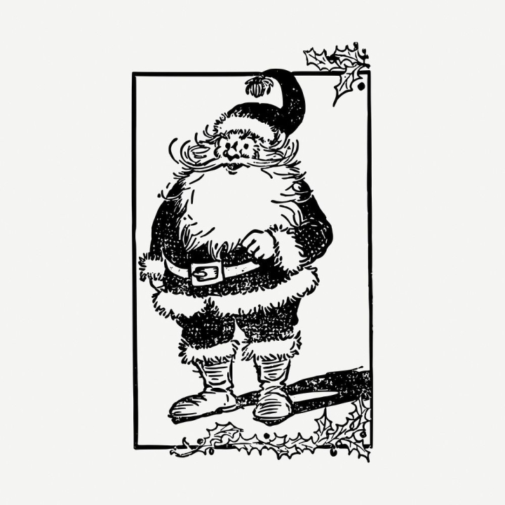 xmas,sticker,vintage,public domain,illustrations,collage element,santa claus,free,black and white,drawing,graphic,design,rawpixel