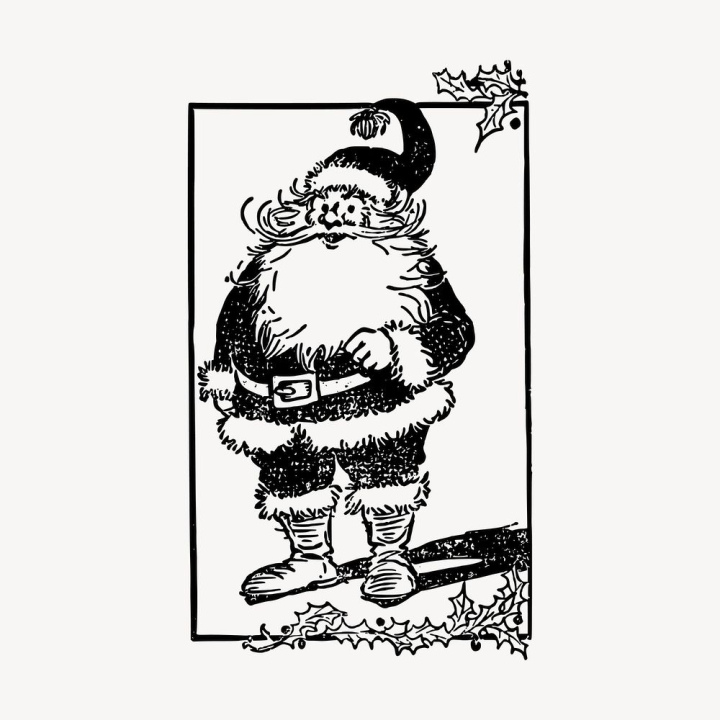 xmas,sticker,vintage,public domain,illustrations,collage element,santa claus,vector,free,black and white,drawing,graphic,rawpixel