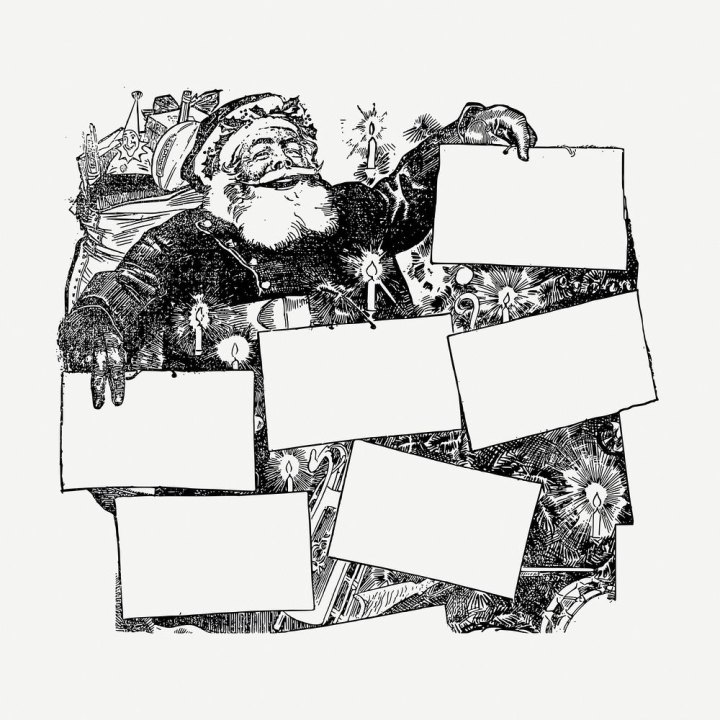 xmas,sticker,vintage,public domain,illustrations,retro,collage element,santa claus,free,black and white,drawing,graphic,rawpixel