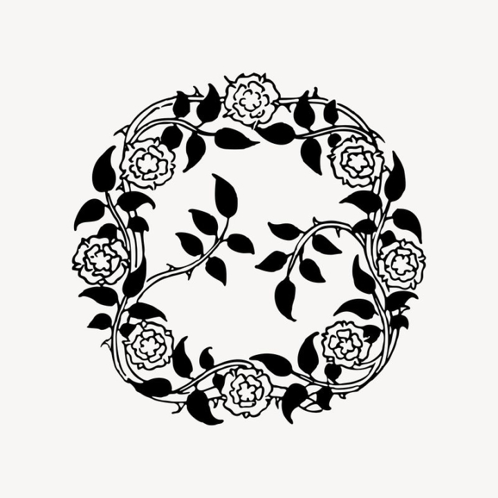 flowers,leaf,vintage,public domain,rose,floral,botanical,illustration,vector,black and white,graphic,wreath,rawpixel