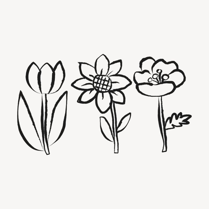 flower,sticker,sunflower,floral,minimal,black,botanical,illustration,white,cute,collage element,line art,rawpixel