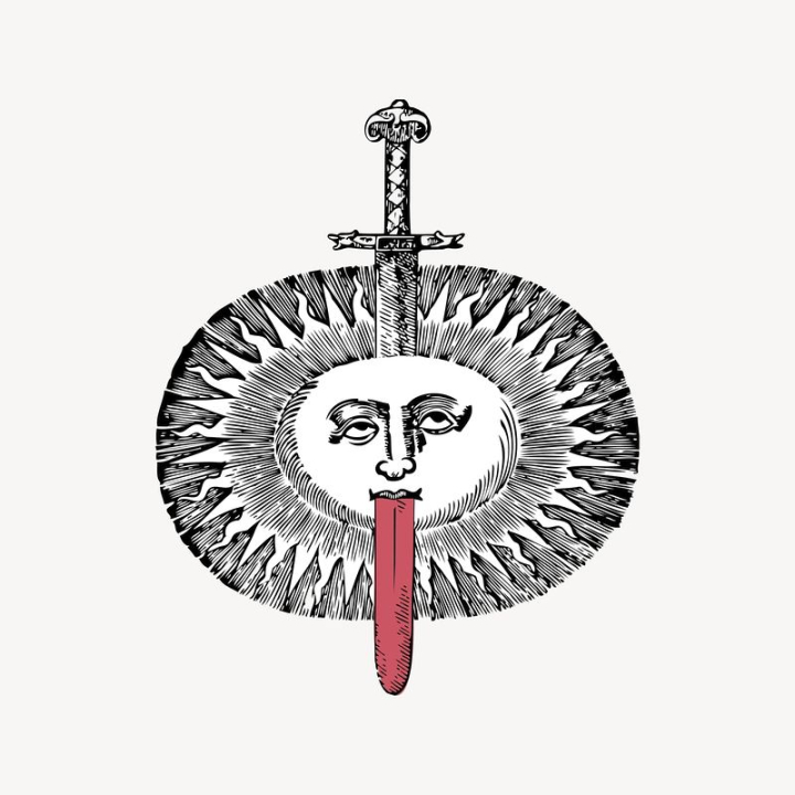 vintage,public domain,sun,black,illustrations,white,red,vector,free,sword,colour,drawing,rawpixel