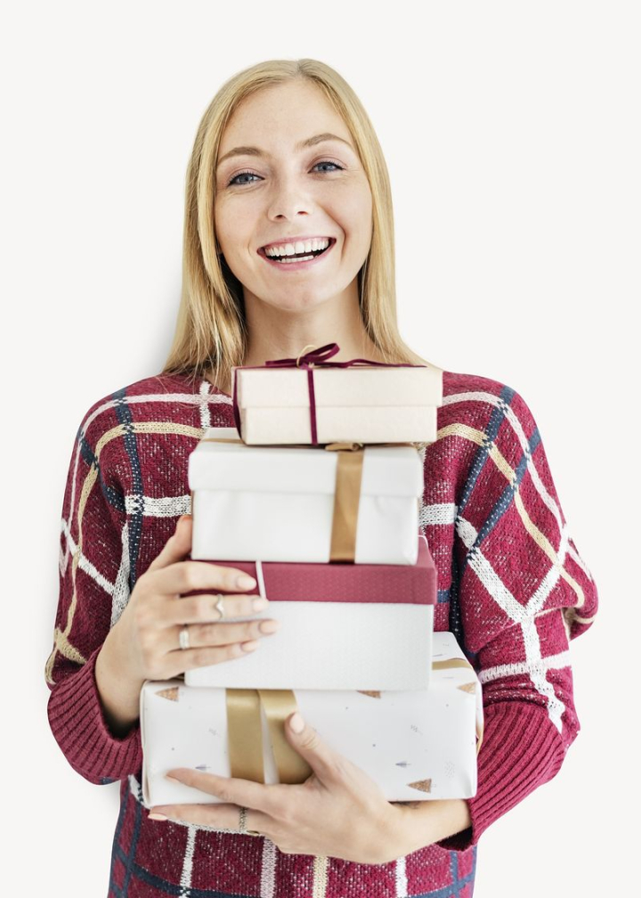 xmas,new year,birthday,woman,people,white,gift,collage element,photo,smile,boxes,graphic,rawpixel