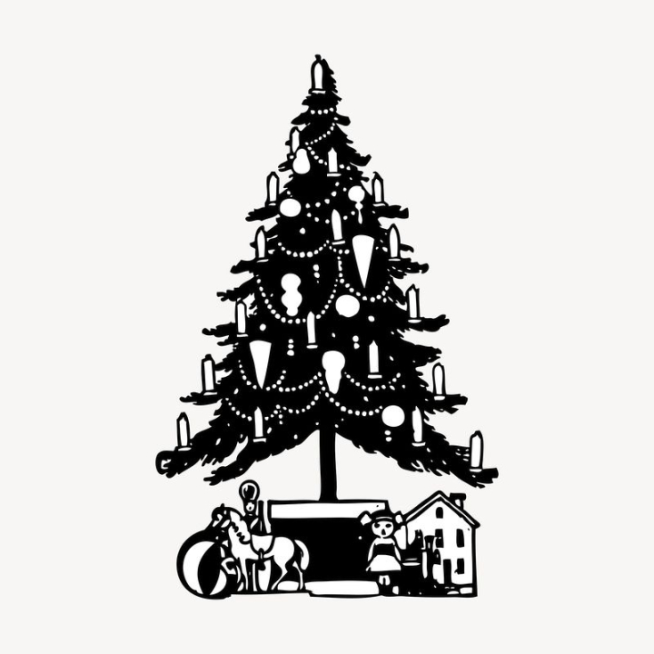 christmas,vintage,tree,public domain,celebration,black,illustrations,vector,ornaments,free,christmas tree,black and white,rawpixel