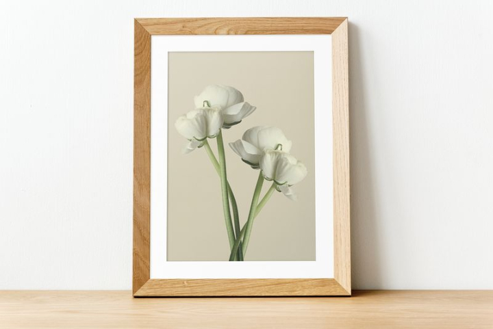 frame,flower,picture frame mockup,minimal,photo frame,floral,botanical,frame mockup,wooden table,white flower,beige,interior,rawpixel