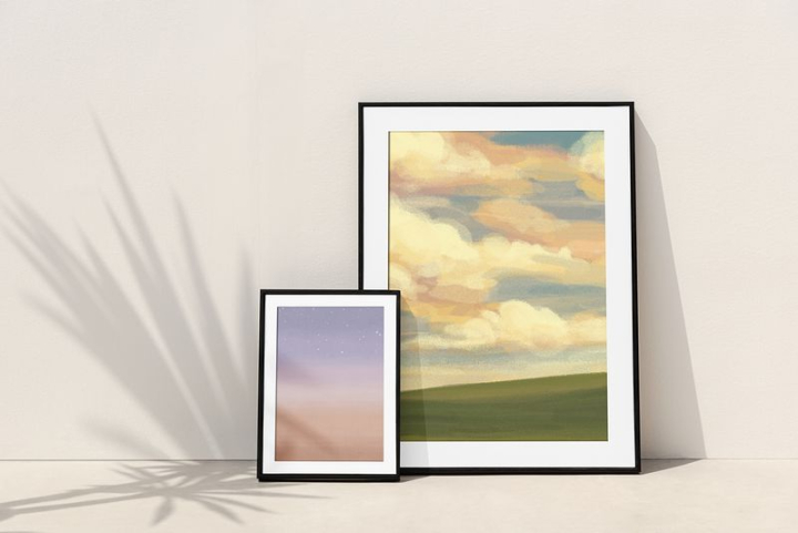 aesthetic,cloud,mockup,picture frame mockups,minimal,photo frame,leaves shadow,illustration,painting,sky,beige,wall,rawpixel