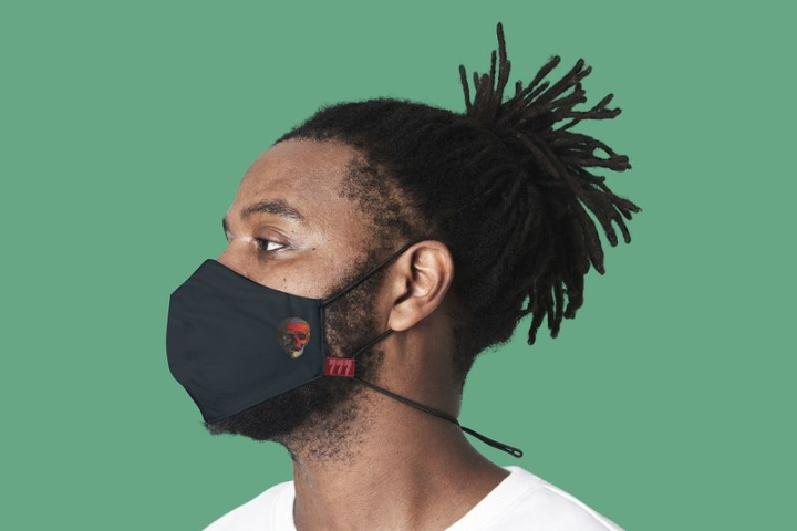 face mask,mockup,logo,mask,green,person,black,white tee,african american,man,color,healthcare,rawpixel