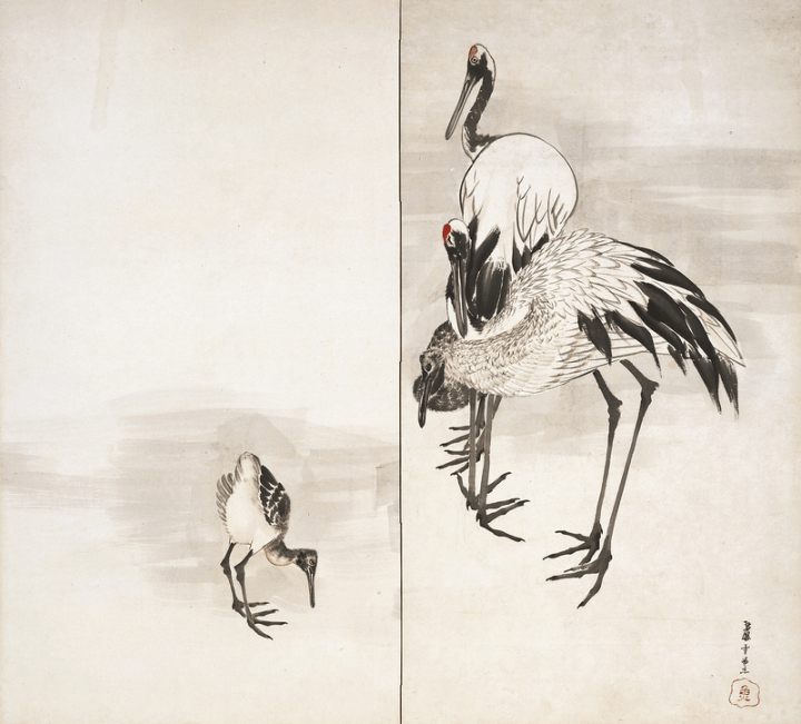 art,vintage,public domain,family,bird,paintings,photo,animal,japanese,japan,drawing,crane,rawpixel