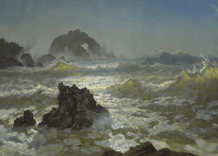 art,vintage,public domain,nature,ocean,albert bierstadt,painting,water,sea,photo,rock,image,rawpixel