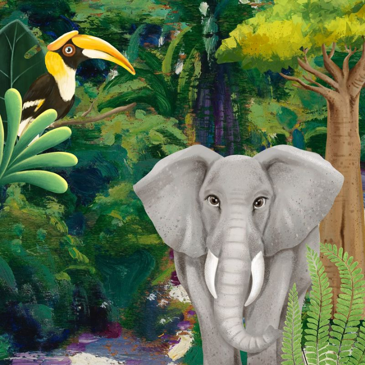 backgrounds,design backgrounds,tree,illustrations,nature,green,bird,collage elements,nature backgrounds,jungle,elephant,animals,rawpixel