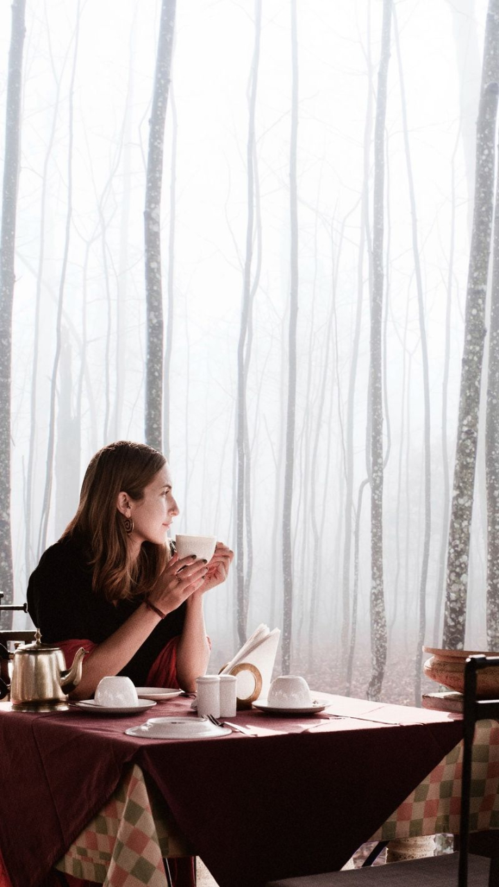 wallpaper,backgrounds,iphone wallpaper,aesthetic,art,vintage,trees,woman,coffee shop,table,forest,fog,rawpixel