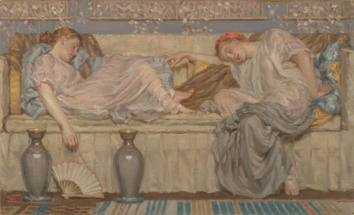 albert joseph moore,beads,blanket covering,ca 1875,cc0,couch,creative commons,creative commons 0,fan costume accessory,genre subject,girls,image,rawpixel