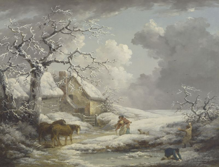 clouds,vintage,trees,sky,woman,paintings,public domain,family,ice,landscape,snow,animals,rawpixel