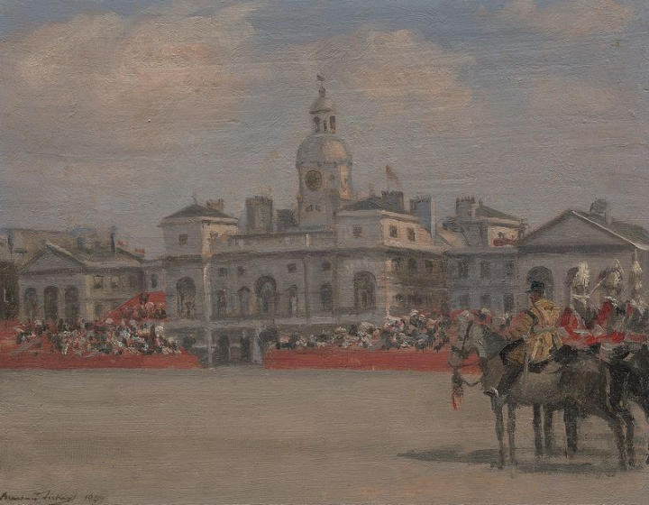 vintage,paintings,public domain,photo,colour,soldiers,image,buckingham palace,creative commons 0,cc0,horses animals,1897,rawpixel