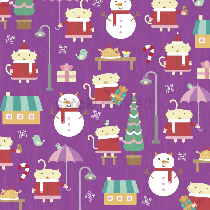 color,graphic,vector,illustration,cartoon,character,christmas,xmas,occasion,celebration,festival,festive,season greetings,merry,cute,background,design,pattern,repetitive,nobody,animal,cat,mammal,scarf,christmas tree,house,lamppost,snowman,tree,bird,snowflake,candy cane,food,domestic animal,collection,collections,set,sets,compilation,compilations