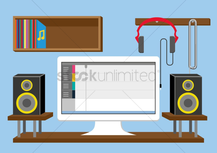 shelf,music records,headset,wire,speaker,monitor,editor,editing
