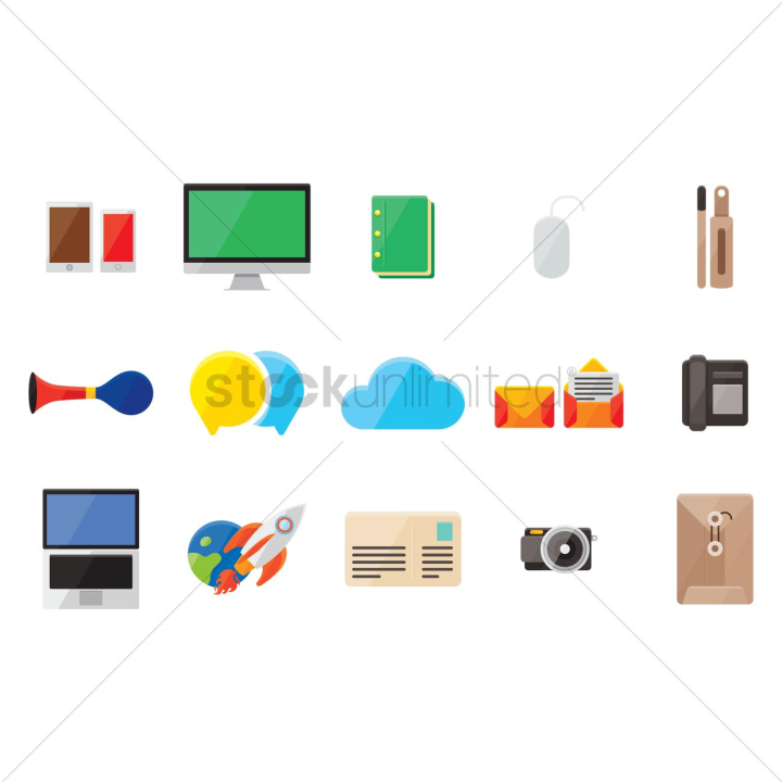 smart phone,tablet,display,mouse,camera,earth,rocket ship,laptop,postcard,mail,air horn,collection,collections,set,sets,compilation,compilations