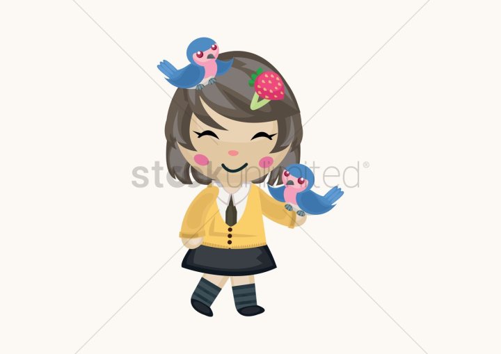 character,characters,cartoon,girl,girls,human,people,person,standing,stand,birds,bird,animal,animals,sitting,sit,smile,smiles,playing