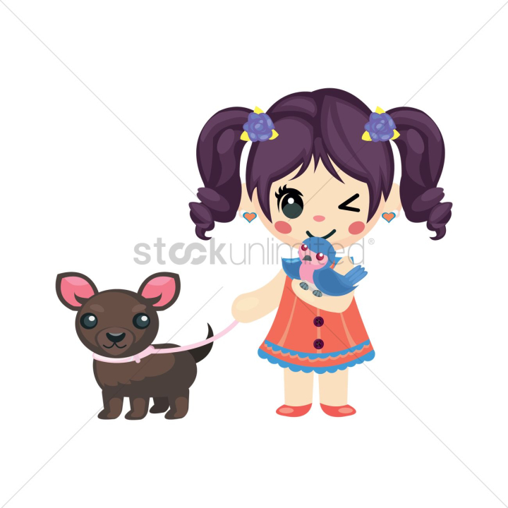 cartoon,girl,girls,human,people,person,isolated,holding,holdings,toy,toys,pet,pets,animal,animals,dog,dogs,mammal,mammals,animal,winking,standing,stand,bird,birds