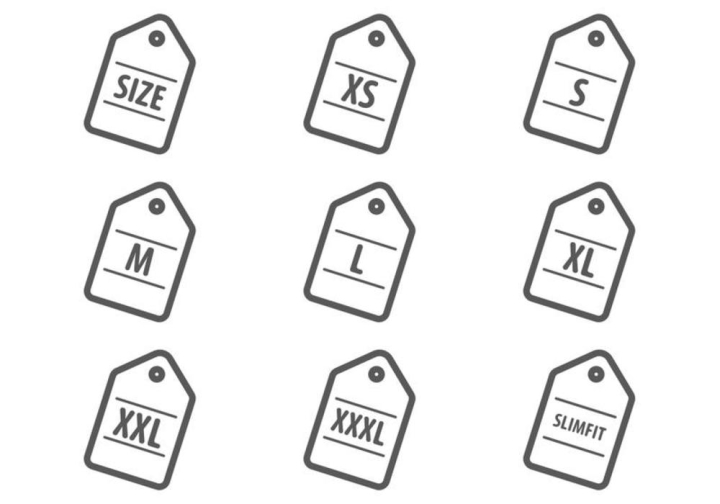 Clothing Size Label Icon in Black. Small, Large and Extra Large