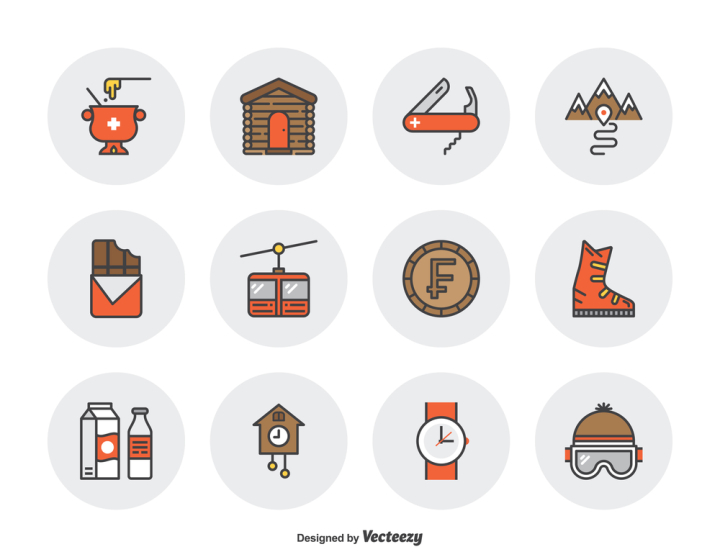 fondue,switzerland,swiss,ski,cabin,army,knife,mountain,piste,chocolate,cable,car,franc,coin,boot,milk,cuckoo,clock,watch,cap,glasses,filled,flat,outline,icon,symbol,wooden,zurich,tourism,tourist