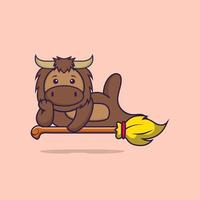 Free: Cute bull lying on Magic Broom. Animal cartoon concept isolated. Can  used for t-shirt, greeting card, invitation card or mascot. Flat Cartoon  Style Free Vector 