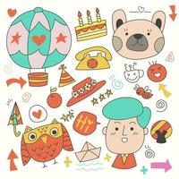 cartoon,cute,happy,gift,background,doodle,drawn,owl,art,design,character,teddy,birthday,party,design elements,drawing,collection,celebrate,celebration,anniversary,festival,paper boat,air balloon,colorful,fun,animals,bear,illustration,vector,card,vecteezy