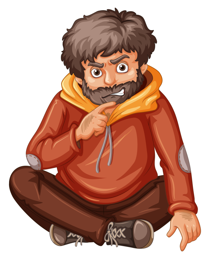 isolated,white,clipping,path,object,man,male,person,character,adult,grown-up,old,beard,homeless,angry,expression,emotion,mad,clothes,sweat hood,winter,feeling,sit,illustration,graphic,picture,clipart,clip-art,clip,art