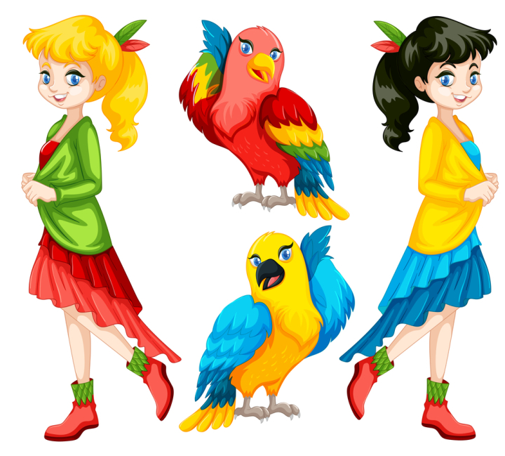 colorful,people,bird,girl,animal,wildlife,red,yellow,blue,happy,adult,female,teenager,parrot,wings,white,background,blonde,dark,hair,beak,illustration,graphic,picture,clipart,clip-art,clip,art,drawing,image