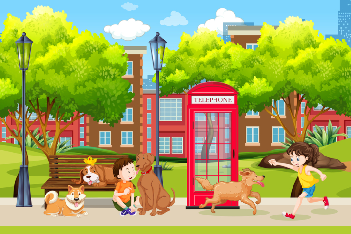 phone,telephone,booth,tree,urban,town,city,pet,dog,puppy,bench,happy,fun,boy,girl,park,vector,illustration,background,nature,design,icon,outdoor,green,landscape,environment,graphic,picture,clipart,clip-art