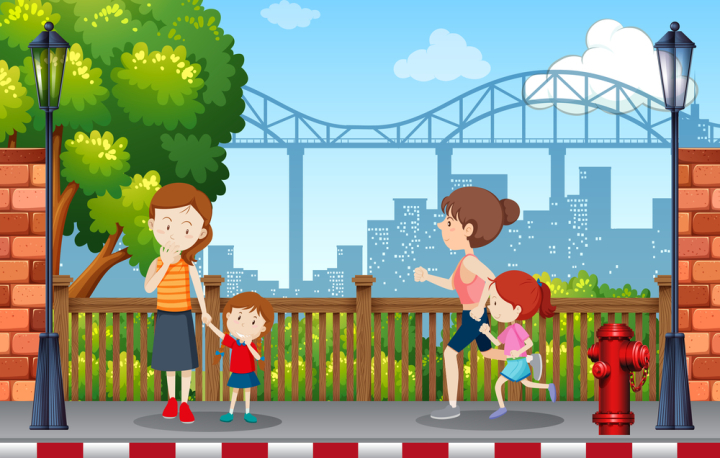 people,park,scene,bridge,buildings,fence,outside,tree,leaf,leaves,road,streetm woman,girl,young,run,running,activity,exericise,holding,hand,mother,daughter,cartoon,charcter,illustration,graphic,picture,clipart,clip-art,clip