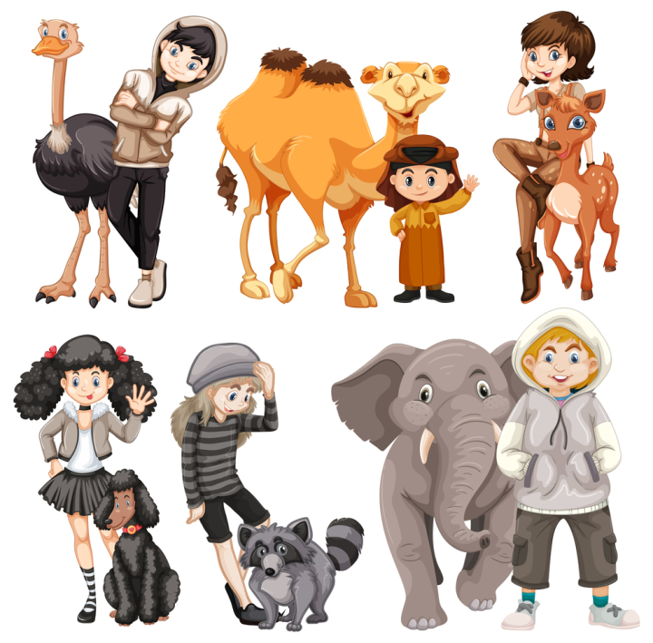 animal,wild,pet,ostrich,camel,deer,dog,raccoon,elephant,people,vector,illustration,cartoon,isolated,cute,character,girl,happy,design,nature,fun,white,art,graphic,picture,clipart,clip-art,clip,background,drawing