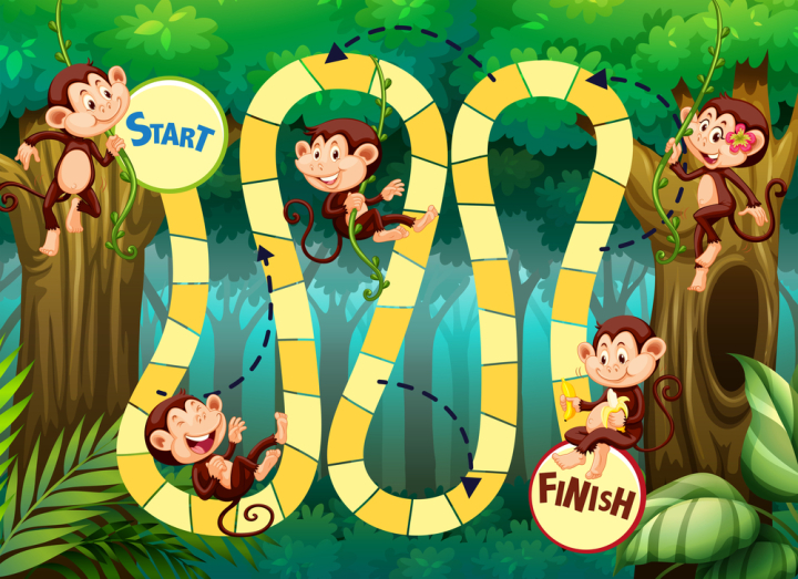 game,board,vector,illustration,design,play,background,entertainment,activity,path,way,start,finish,monkey,wild,wildlife,animal,playful,happy,smile,jungle,forest,wood,vine,graphic,picture,clipart,clip-art,clip,art