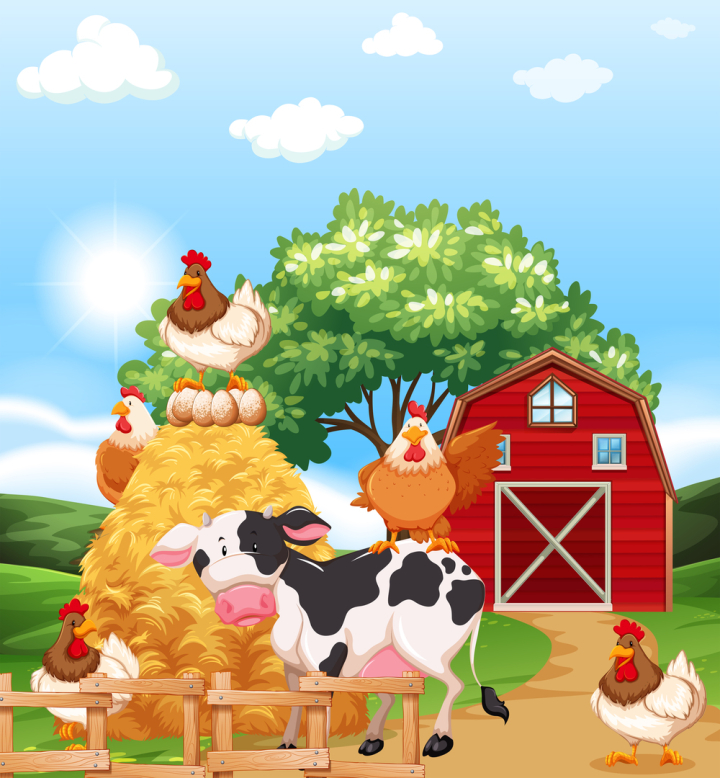 illustration,graphic,drawing,cartoon,picture,clipart,scene,scenery,scenic,landscape,outdoors,outside,farm,farmhouse,barn,building,chicken,hen,rooster,hay,eggs,cow,bull,cattle,road,dirtroad,agriculture,fresh,nature,animal