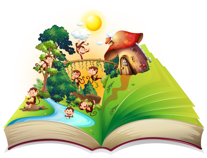 wild,wildlife,animal,nature,creature,living,mammal,exotic,tropical,carnivorous,monkey,ape,jungle,forest,river,stream,mushroom,trees,woods,hut,book,storybook,page,illustration,graphic,picture,clipart,clip-art,clip,art