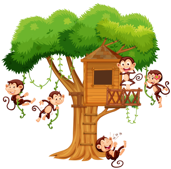 wild,wildlife,animal,nature,creature,living,mammal,exotic,tropical,carnivorous,monkey,ape,tree,treehouse,safari,hut,zoo,forest,character,climbing,hanging,vine,illustration,graphic,picture,clipart,clip-art,clip,art,background