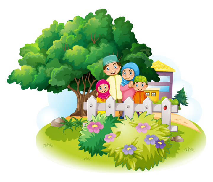 scene,scenery,landscape,outdoor,outside,isolated,white,clipping,path,object,kid,child,young,youth,childhood,student,pupil,cute,character,muslim,islamic,family,father,mother,daughter,son,house,garden,illustration,graphic