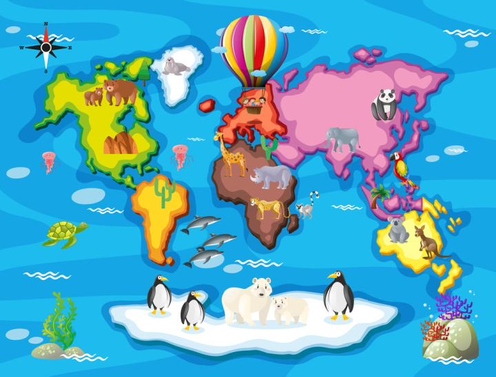 wildlife,animal,nature,creature,living,mammal,exotic,tropical,world,map,worldmap,earth,planet,global,globe,geography,land,sea,ocean,landform,poster,education,atlas,penguin,bear,polar bear,balloon,dolphin,giraffe,rhino