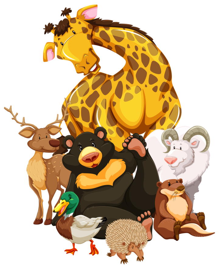 illustration,graphic,drawing,cartoon,picture,clipart,isolated,on white,white,white background,wild,wildlife,animal,nature,creature,living,mammal,exotic,tropical,carnivore,natural,endangered,character,giraffe,bear,goat,deer,doe,otter,duck