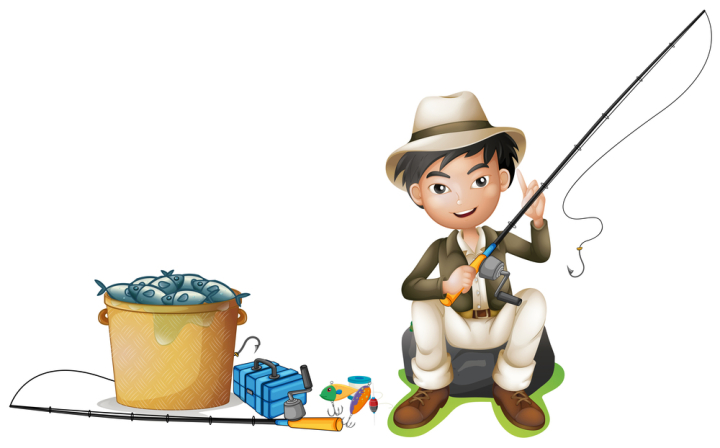Free: Man with fishing pole and bucket of fish 