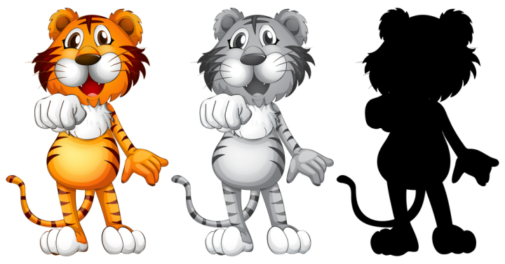 colour,grey,black,silhouette,animal,illustration,vector,nature,cartoon,mammal,wildlife,isolated,wild,cute,drawing,safari,art,africa,character,design,graphic,collection,stand,standing,smile,happy,point,tiger,picture,clipart