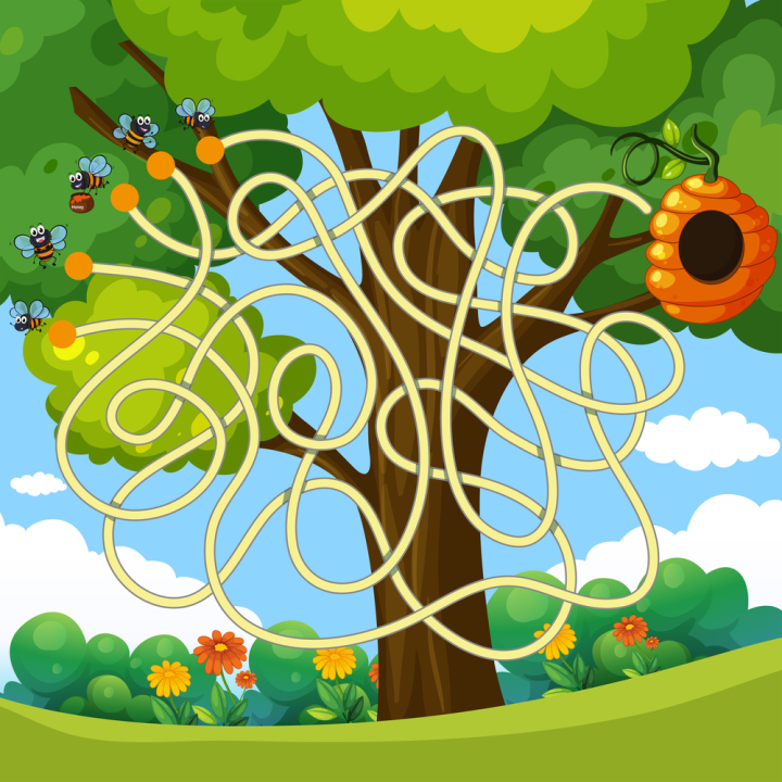 maze,labyrinth,puzzle,solution,background,concept,design,game,challenge,problem,path,strategy,direction,search,line,route,bee,bumble,hive,tree,outdoor,outdoors,bush,nature,flowers,insect,bug,animals,education,child