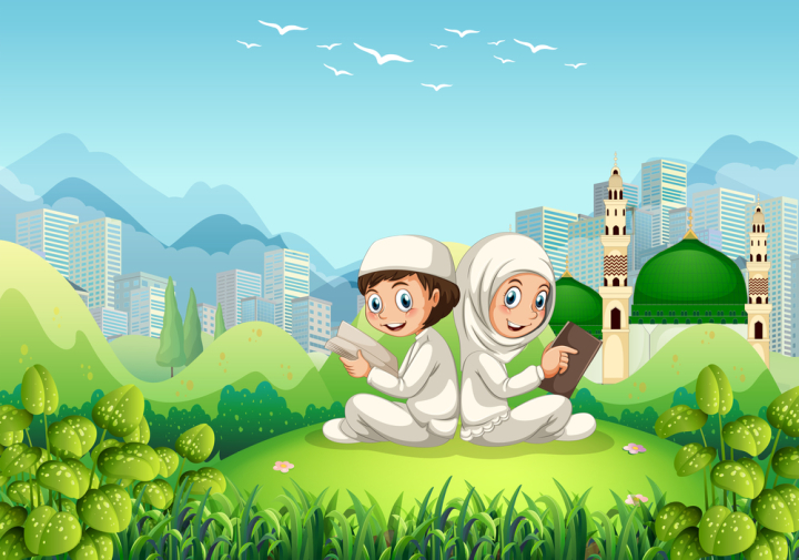 mosque,book,learn,study,ready,happy,muslim,children,vector,illustration,islam,girl,traditional,islamic,cartoon,woman,boy,man,culture,religion,background,arabic,smile,young,character,costume,ethnic,tradition,friend,couple