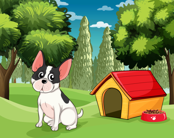 Free: A dog near a doghouse with a dog food 