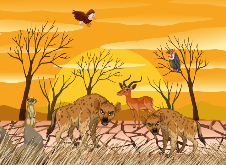 hyena,savanna,africa,eagle,vulture,deer,meerkat,tree,land,dry,nature,vector,desert,illustration,background,summer,environment,sand,drought,natural,landscape,heat,earth,climate,ground,greenhouse,effect,surface,disaster,cracked