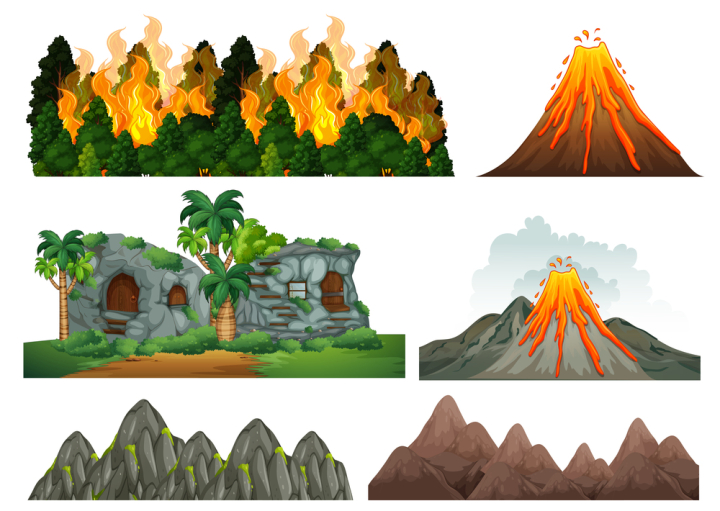 disaster,nature,vector,illustration,natural,danger,icon,symbol,design,isolated,background,fire,environment,weather,concept,water,earthquake,climate,earth,environmental,damage,white,sign,graphic,volcano,eruption,stone,rock,mountain,tree