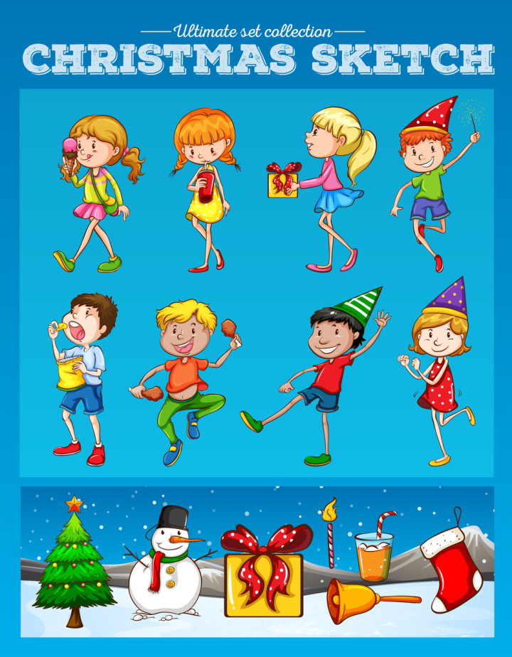 kid,child,young,youth,little,small,childhood,smiling,happy,student,pupil,boys,girls,christmas,festival,holiday,tree,snowman,present,gift,sock,bell,party,celebration,illustration,graphic,picture,clipart,clip-art,clip