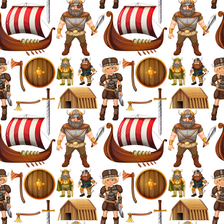 viking,man,woman,soldier,worrior,shield,protection,ship,boat,axe,sword,weapon,character,sail,adventure,hut,shelter,bungalow,people,seamless,pattern,background,wallpaper,illustration,graphic,picture,clipart,clip-art,clip,art