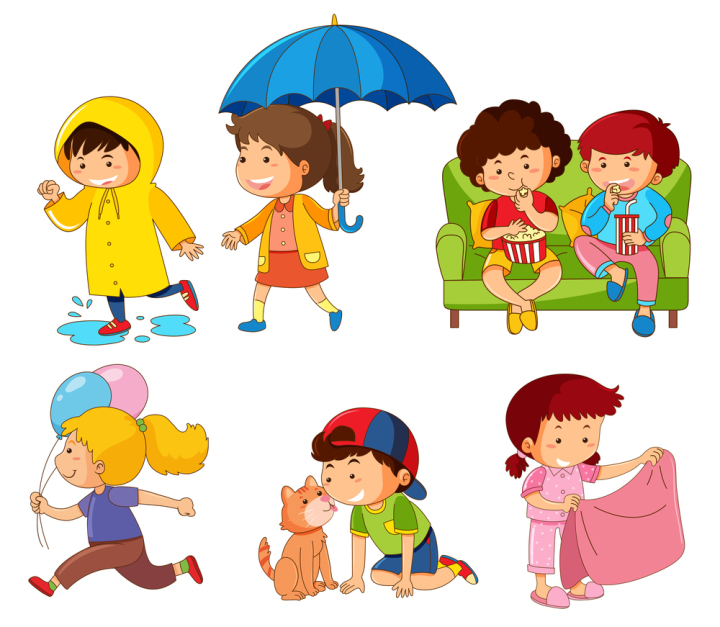 cartoon,character,vector,illustration,cute,kid,happy,child,design,funny,fun,isolated,art,drawing,background,animal,smile,raincoat,umbrella,popcorn,movie,couch,play,cat,boy,girl,pajamas,balloon,run,graphic