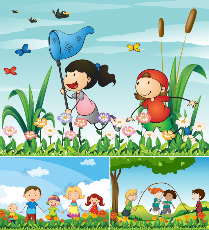 scene,scenery,landscape,outdoor,outside,kid,child,young,youth,childhood,student,pupil,character,girl,boy,garden,net,butterfly,animal,bug,insect,jumprope,flowers,park,family,illustration,graphic,picture,clipart,clip-art
